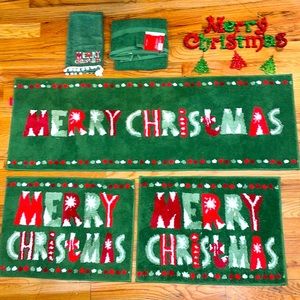 NEW 5 Piece Green Merry Christmas Holiday bathroom rug towel set